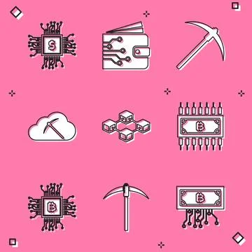Set Processor chip with dollar, Cryptocurrency wallet, Pickaxe, cloud mining Illustrazione stock
