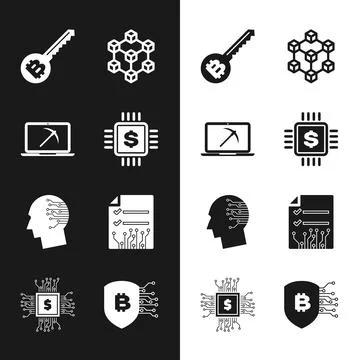 Set Processor chip with dollar, Mining laptop and pickaxe, Cryptocurrency key Illustrazione stock