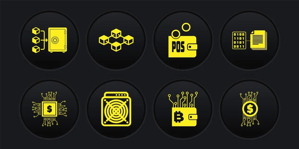 Set Processor chip with dollar, Smart contract, ASIC Miner, Cryptocurrency Illustrazione stock
