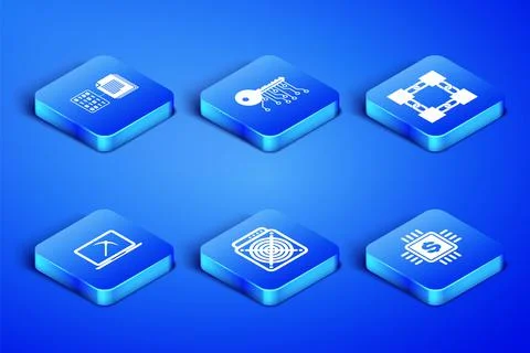 Set Processor chip with dollar, Smart contract, ASIC Miner, Mining laptop and Stock Illustration