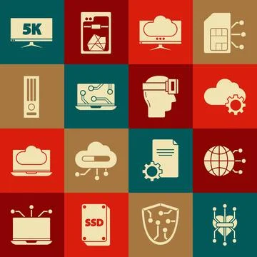Set Processor, Cloud data transfer and storage, Computer monitor screen, La.. 库存插图
