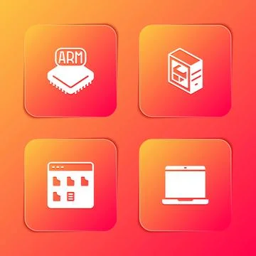 Set Processor, Computer, Browser files and Laptop icon. Vector Stock Illustration