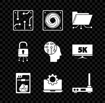 Set Processor, Computer cooler, Folder and lock, 3D printer, Laptop gear, Router Stock Illustration