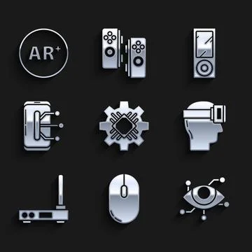 Set Processor, Computer mouse, Virtual reality, glasses, Router and wi-fi s.. Stock Illustration