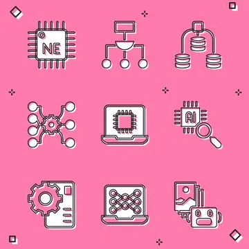 Set Processor CPU, Algorithm, Server, Data, Neural network, and icon. Vector Stockillustratie