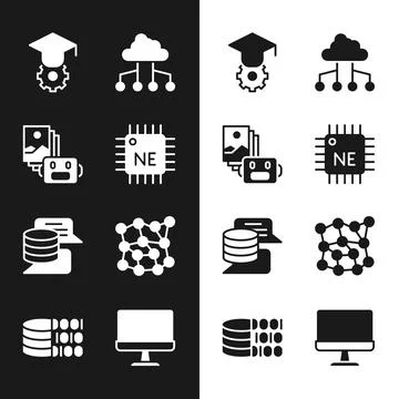 Set Processor CPU, Artificial intelligence robot, Graduation cap, Network clo Illustrazione stock