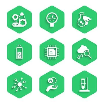 Set Processor CPU, Atom, Test tube flask on stand, Cloud with rain, Molecul.. イラスト素材