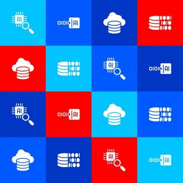 Set Processor CPU, Binary code, Cloud database and icon. Vector Stockillustratie