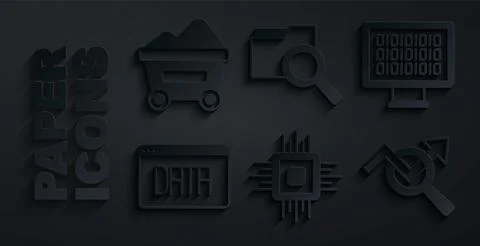 Set Processor CPU, Binary code, Data analysis, Search data, with folder and Coal Stock Illustration