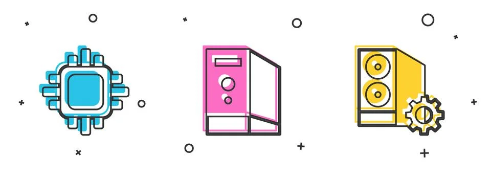 Set Processor with CPU, Case of computer and icon. Vector Illustrazione stock