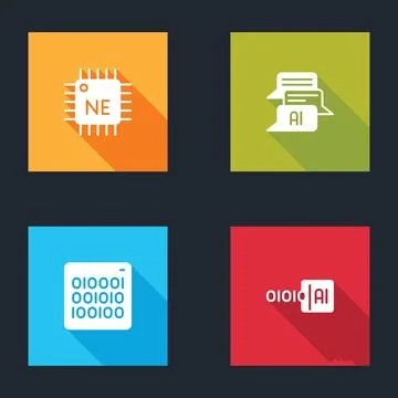 Set Processor CPU, Chat bot, Binary code and  icon. Vector Stock Illustration