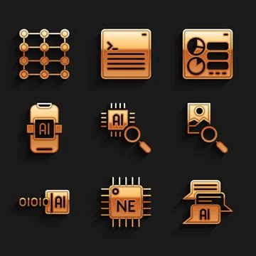 Set Processor CPU, Chat bot, Photo retouching, Binary code, Artificial inte.. Illustration
