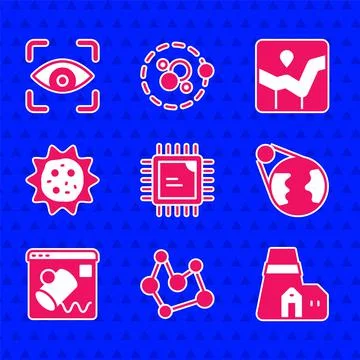 Set Processor CPU, Chemical formula, Power station plant, Earth globe, Data Stock Illustration