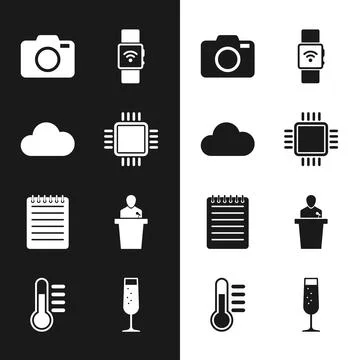 Set Processor with CPU, Cloud, Photo camera, Smartwatch wireless, Notebook .. Stock Illustration