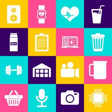 Set Processor with CPU, Coffee cup, Trash can, Heart rate, Clipboard document Stock Illustration