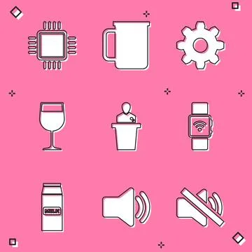 Set Processor with CPU, Coffee cup, Cogwheel gear settings, Wine glass, Speak Illustrazione stock