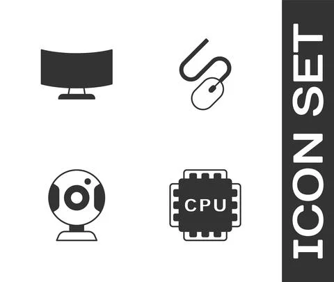 Set Processor with CPU, Computer monitor screen, Web camera and mouse icon イラスト素材