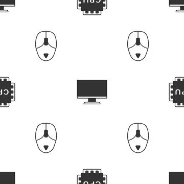 Set Processor with CPU, Computer monitor screen and mouse on seamless pattern 库存插图