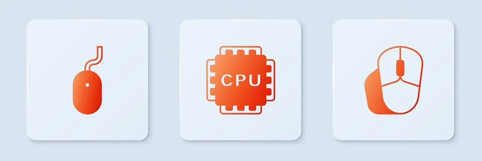 Set Processor with CPU, Computer mouse and . White square button. Vector 스톡 일러스트