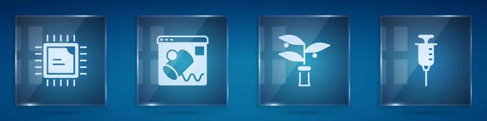 Set Processor CPU, Data visualisation, Plant breeding and Syringe. Square g.. Illustrazione stock