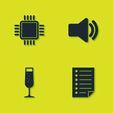 Set Processor with CPU, Document, Glass of champagne and Speaker volume icon Stock Illustration