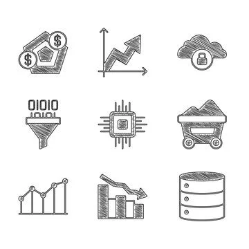 Set Processor CPU, Financial growth decrease, Server, Coal mine trolley, Pie  Illustrazione stock