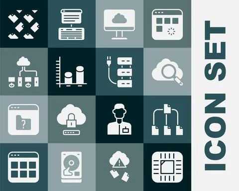 Set Processor with CPU, Folder tree, Search cloud computing, Cloud technology Illustrazione stock