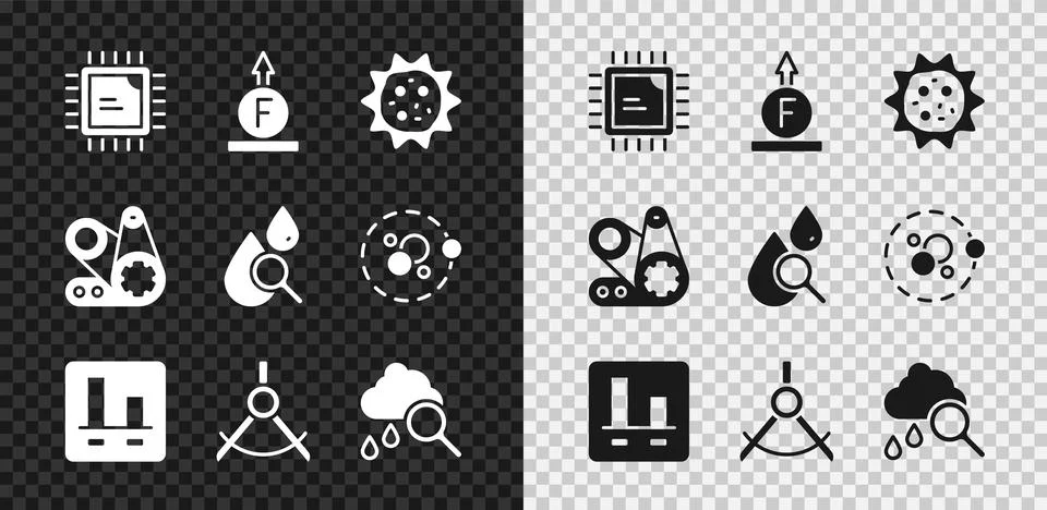 Set Processor CPU, Force of physic formula, Virus, Graph chart infographic Stockillustratie