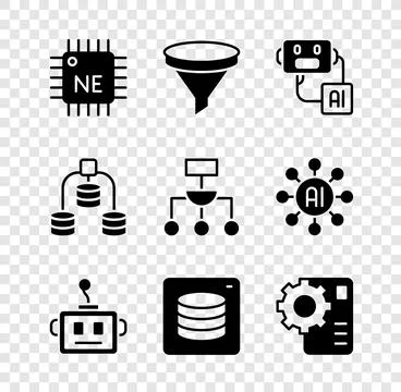 Set Processor CPU, Funnel filter, Artificial intelligence robot, Server, Da.. Illustrazione stock