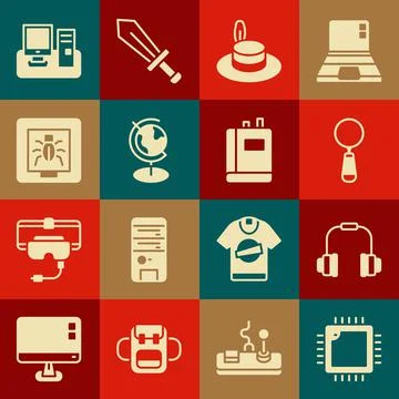 Set Processor with CPU, Headphones, Magnifying glass, Man hat, Earth globe イラスト素材