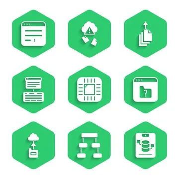 Set Processor with CPU, Hierarchy organogram chart, Server, Data, Web Hosting Illustrazione stock