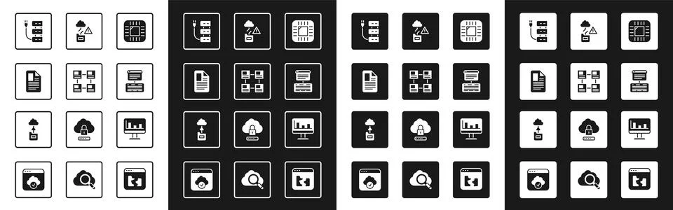 Set Processor with CPU, Hierarchy organogram chart, File document, Server Stock Illustration