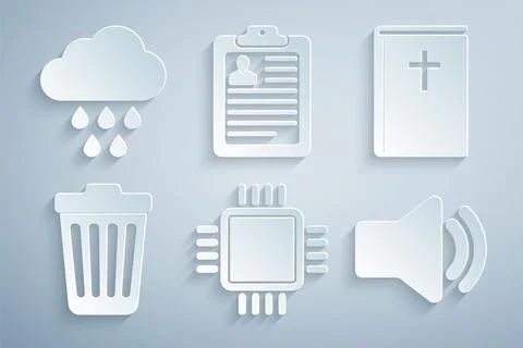 Set Processor with CPU, Holy bible book, Trash can, Speaker volume, Clipboard Stock-Illustration