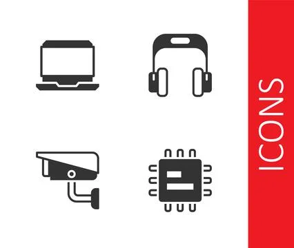 Set Processor CPU, Laptop, Security camera and Headphones icon. Vector Stock Illustration