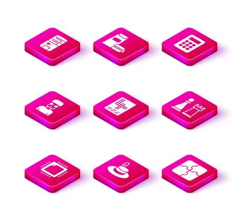Set Processor with CPU, Man hat, Nerd geek, Crossword, Piece of puzzle, Chess Illustrazione stock