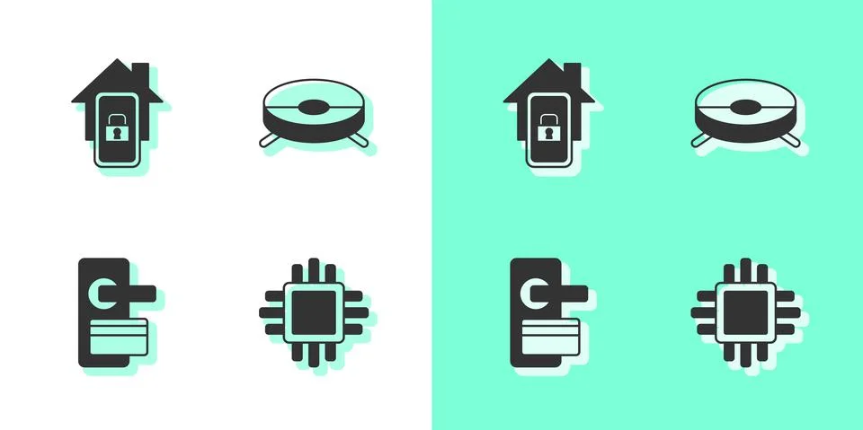 Set Processor with CPU, Mobile smart home, Digital door lock and Robot vacuum Stock Illustration