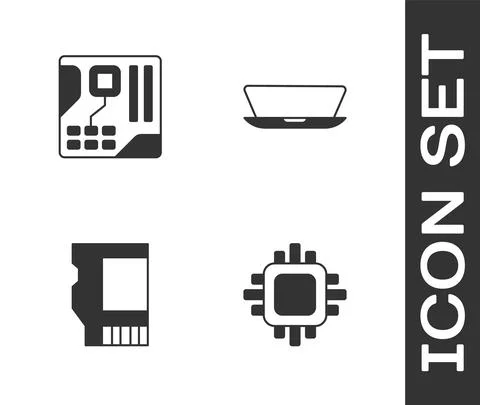 Set Processor with CPU, Motherboard digital chip, SD card and Laptop icon Stockillustratie