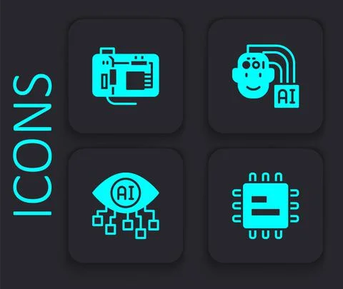 Set Processor CPU, Motherboard, Humanoid robot and Computer vision icon. Black 스톡 일러스트