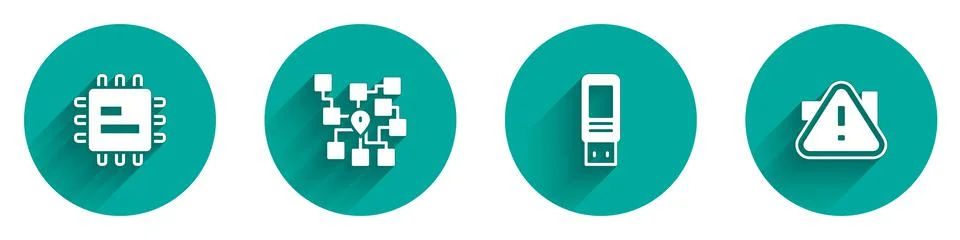 Set Processor CPU, Neural network, USB flash drive and Exclamation mark in Stock Illustration