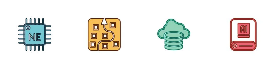 Set Processor CPU, Neural network, Cloud database and Artificial intelligence AI イラスト素材