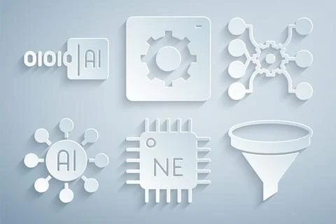 Set Processor CPU, Neural network, Funnel filter, Computer api interface an.. Illustrazione stock