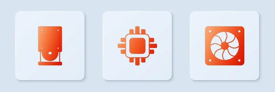 Set Processor with CPU, Optical disc drive and Computer cooler. White squar.. Illustrazione stock
