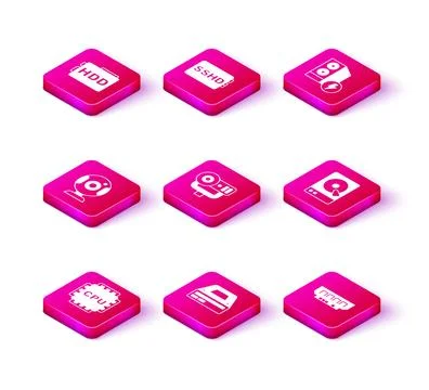 Set Processor with CPU, Optical disc drive, Web camera, RAM, random access .. Illustrazione stock