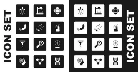 Set Processor CPU, Planet Saturn, Bacteria, Magnet, Laboratory glassware, Test Stock Illustration