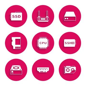Set Processor with CPU, RAM, random access memory, Video graphic card, SSHD Stock Illustration
