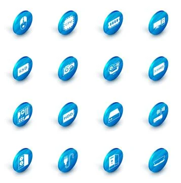 Set Processor with CPU, RAM, random access memory, Computer monitor, SSD card Stock Illustration