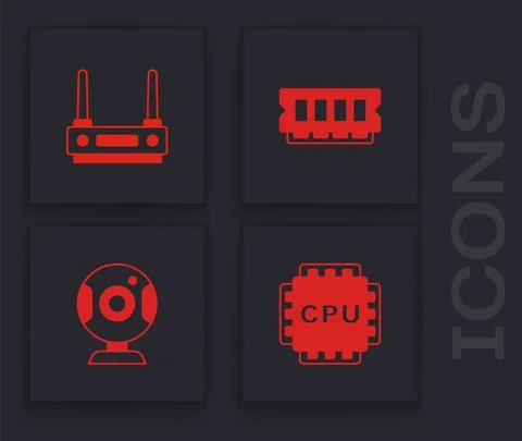 Set Processor with CPU, Router and wi-fi signal, RAM, random access memory and Stock Illustration