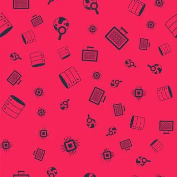 Set Processor CPU, Search globe, Server and Binary code on seamless pattern Stock Illustration