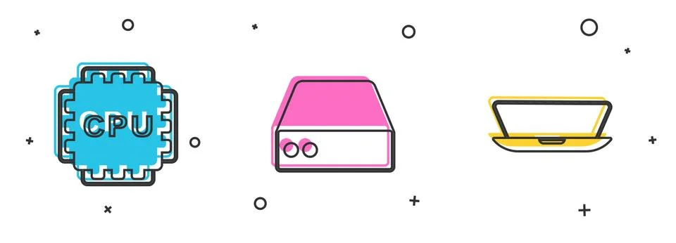 Set Processor with CPU, Server, Data, Web Hosting and Laptop icon. Vector Illustrazione stock