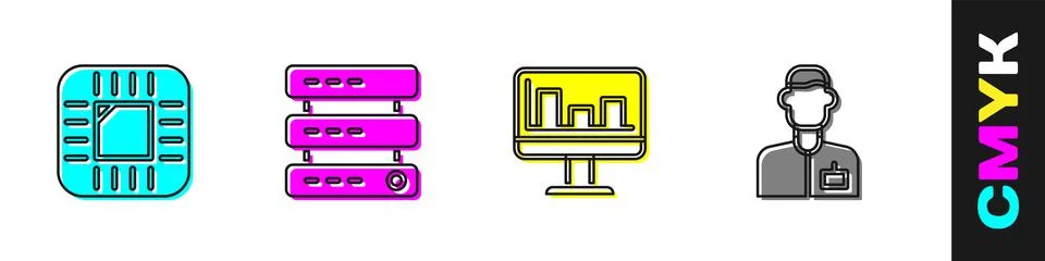Set Processor with CPU, Server, Data, Web Hosting, Monitor graph chart and Stockillustratie